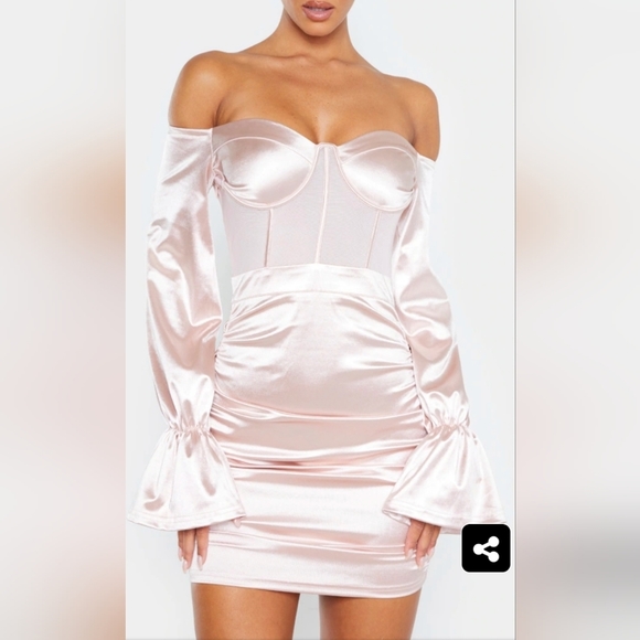 π
Ίπ₯HOST pickπ₯ PLT Dusty Pink Bardot Satin Mesh Insert Ruched Bodycon Dress - Picture 4 of 13